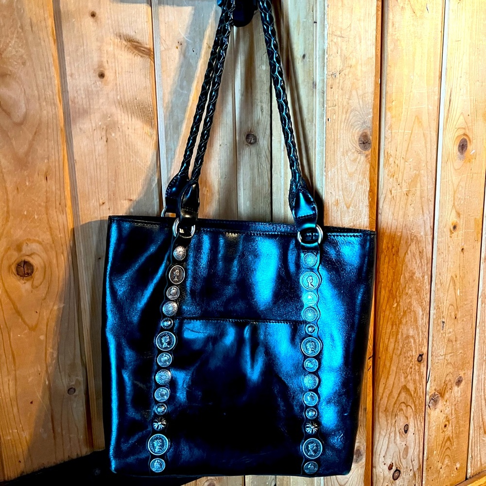 Authentic Patricia Nash large black leather coin tote.